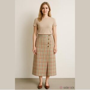 %100 Cotton Vintage 90s Wrap Maxi/ Midi Column Skirt Muted Plaid Tan Blue Pink